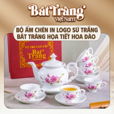 Bộ ấm chén in logo gồm 1 ấm, 6 chén và 7 đĩa lót