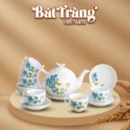 Bộ ấm chén in logo sứ trắng Bát Tràng họa tiết hoa đồng xanh BT-QT17