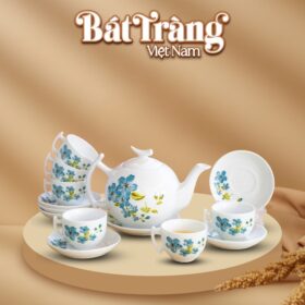 Bộ ấm chén in logo sứ trắng Bát Tràng họa tiết hoa đồng xanh BT-QT17