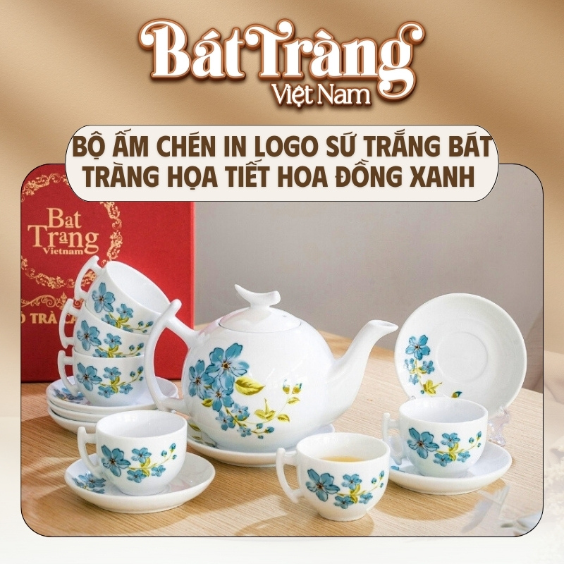 Bộ sản phẩm gồm 1 ấm trà, 6 chén, 7 đĩa lót, đồng bộ về thiết kế và hoa văn