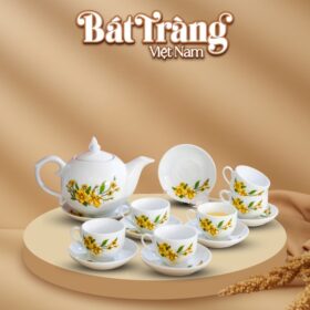 Bộ ấm chén in logo sứ trắng Bát Tràng họa tiết hoa mai BT-QT11