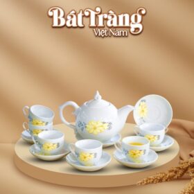 Bộ ấm chén in logo sứ trắng Bát Tràng họa tiết hoa mai BT-QT20