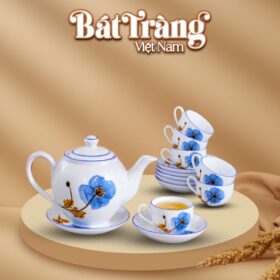 Bộ ấm chén in logo sứ trắng Bát Tràng họa tiết hoa màu xanh BT-QT15