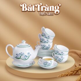 Bộ ấm chén in logo sứ trắng Bát Tràng họa tiết hoa sen BT-QT04