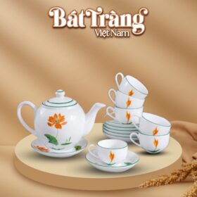 Bộ ấm chén in logo sứ trắng Bát Tràng họa tiết hoa sen BT-QT13