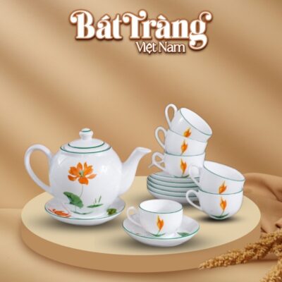 Bộ ấm chén in logo sứ trắng Bát Tràng họa tiết hoa sen BT-QT13