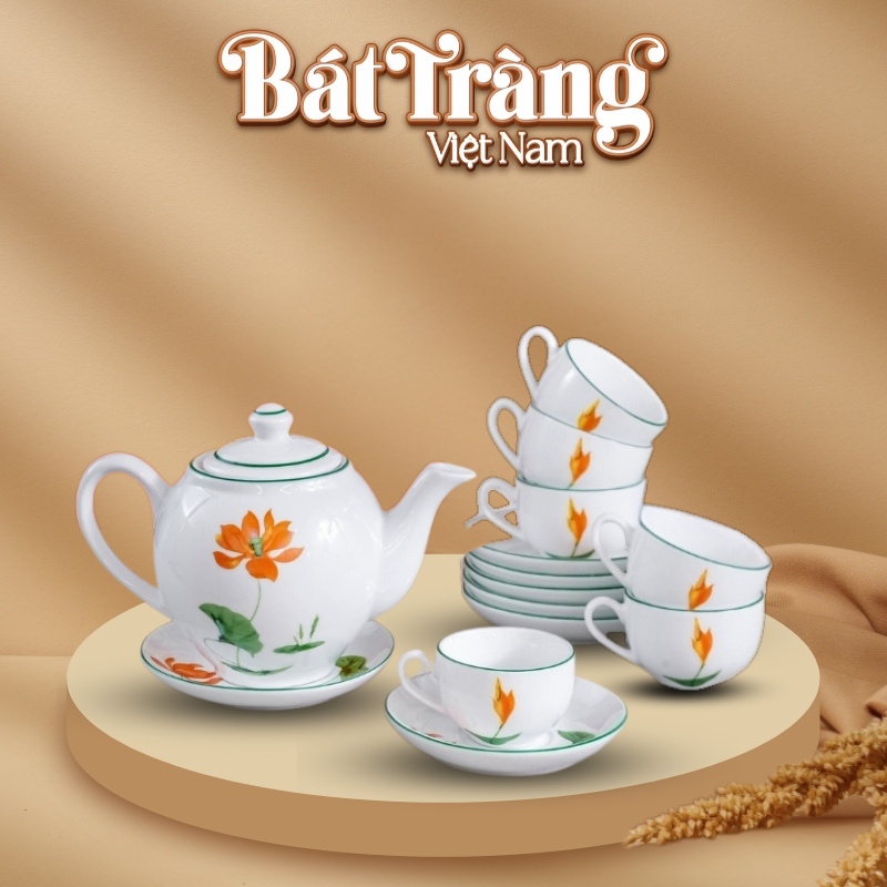 Bộ ấm chén in logo sứ trắng Bát Tràng họa tiết hoa sen BT-QT13