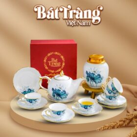 Bộ ấm chén in logo sứ trắng Bát Tràng họa tiết hoa sen BT-QT19