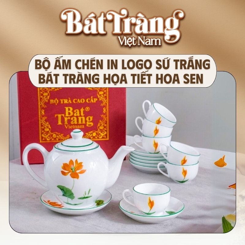 Bộ ấm chén trà in logo gồm 1 ấm trà, 6 chén và 7 đĩa lót