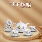 Bộ ấm chén in logo sứ trắng Bát Tràng họa tiết hoa xám màu BT-QT06