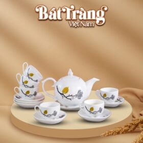 Bộ ấm chén in logo sứ trắng Bát Tràng họa tiết hoa xám màu BT-QT06