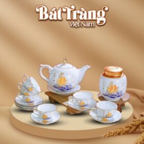 Bộ ấm chén in logo sứ trắng Bát Tràng họa tiết thuận buồm xuôi gió BT-QT05