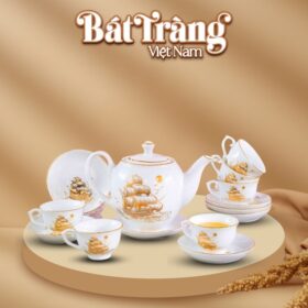 Bộ ấm chén in logo sứ trắng Bát Tràng họa tiết thuận buồm xuôi gió BT-QT14