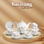 Bộ ấm chén sứ trắng vẽ bồ công anh Bát Tràng BT-QT08