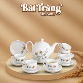 Bộ ấm chén sứ trắng vẽ bồ công anh Bát Tràng BT-QT08