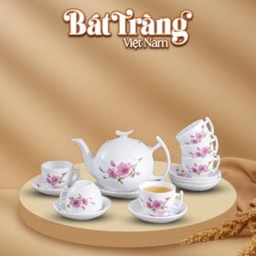 Bộ ấm chén sứ trắng vẽ hoa đào hồng Bát Tràng BT-QT10
