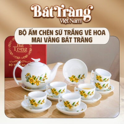 Bộ ấm chén sứ in logo bao gồm 1 ấm, 6 chén, 7 đĩa lót