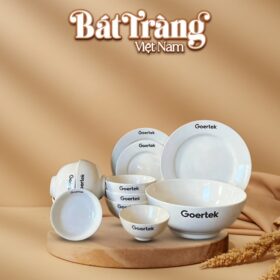 Bộ bát đĩa 12 món sứ trắng Bát Tràng quà tặng in logo BT-QT32