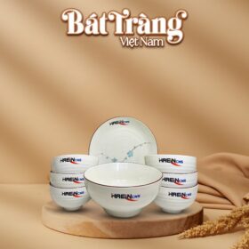 Bộ bát đĩa 8 món sứ trắng Bát Tràng in logo họa tiết hoa đào BT-QT31