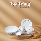 Bộ bát đĩa in logo 10 món sứ trắng Bát Tràng họa tiết lá vẽ tay BT-QT29