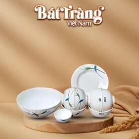Bộ bát đĩa in logo 10 món sứ trắng Bát Tràng họa tiết lá vẽ tay BT-QT29