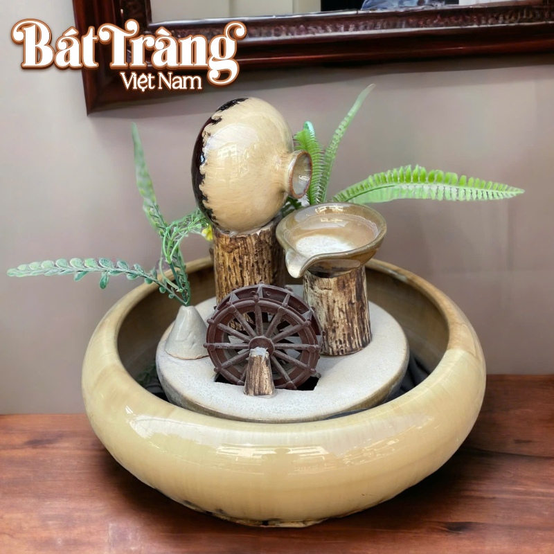 Hình ảnh thực tế bộ thác nước phong thủy bát vuốt men hỏa biến vàng kem BT-TN4