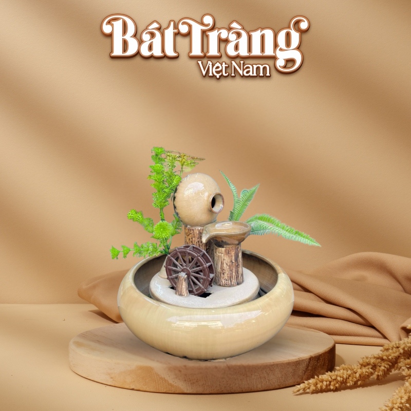 Bộ thác nước phong thủy bát vuốt men hỏa biến vàng kem BT-TN04