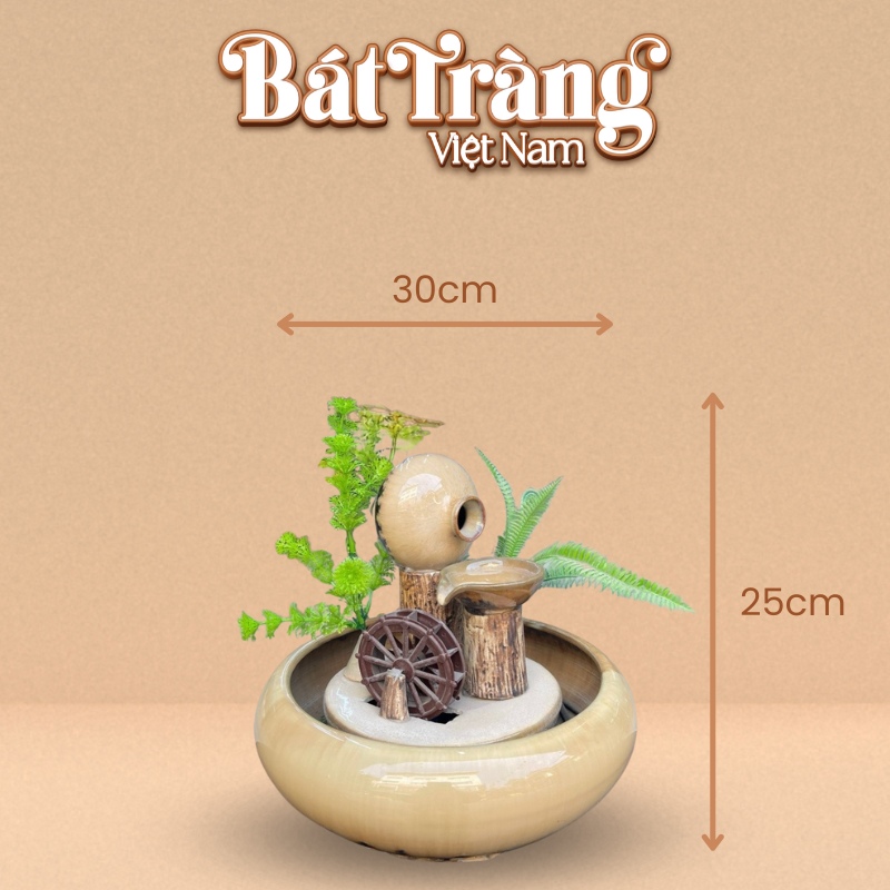 Tham khảo kích thước bộ thác nước phong thủy bát vuốt men hỏa biến vàng kem BT-TN4