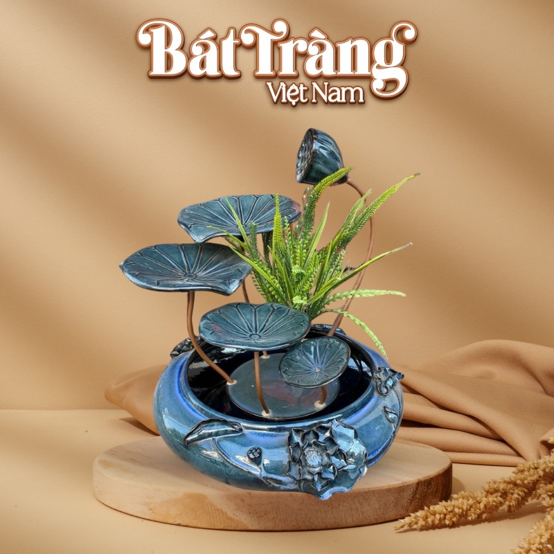 Bộ thác nước phong thủy dáng hoa sen đắp đại men hỏa biến xanh BT-TN14