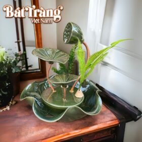 Bộ thác nước phong thủy sen đồng men hỏa biến xanh mạ BT-TN02