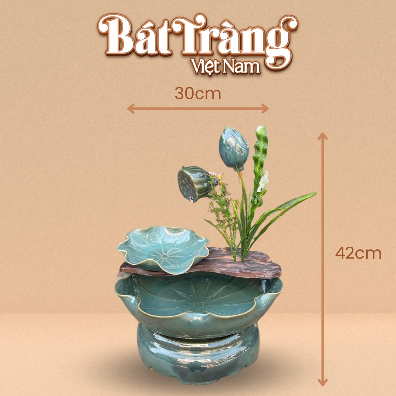 Kích thước bộ thác nước phong thủy sen nụ men hỏa biến xanh ngọc
