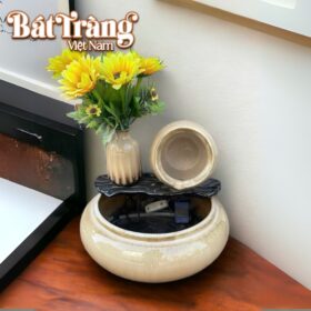 Bộ thác nước phong thủy trang trí bình hoa nan gỗ màu vàng kem BT-TN05