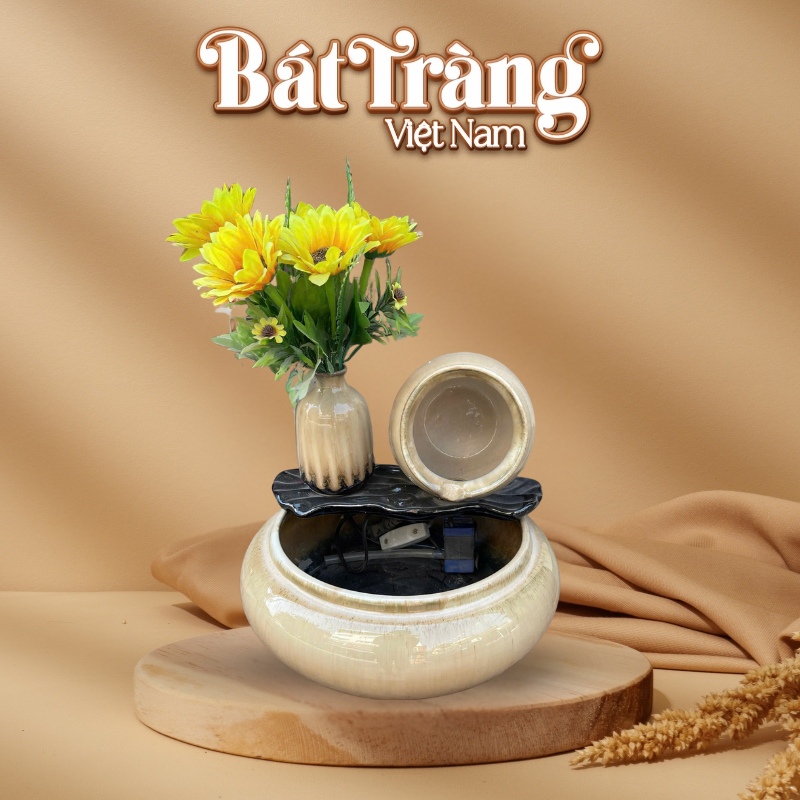Bộ thác nước phong thủy trang trí bình hoa nan gỗ vàng kem BT-TN5
