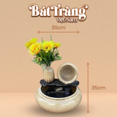 Kích thước bộ thác nước phong thủy trang trí bình hoa nan gỗ vàng kem BT-TN5