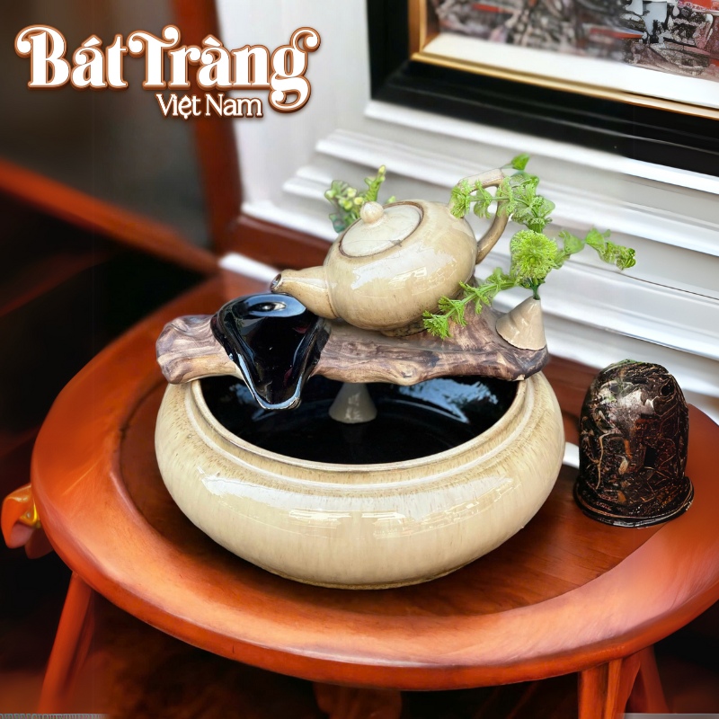 Cận cảnh bộ thác nước phong thủy trang trí bình trà men hỏa biến vàng kem BT-TN3