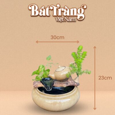 Kích thước bộ thác nước phong thủy trang trí bình trà men hỏa biến vàng kem BT-TN3