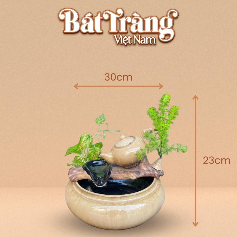 Kích thước bộ thác nước phong thủy trang trí bình trà men hỏa biến vàng kem BT-TN03