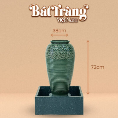 Kích thước chum nước men xanh ngọc lục bảo khắc vân kẻ đá xanh viền tròn BT-LN07