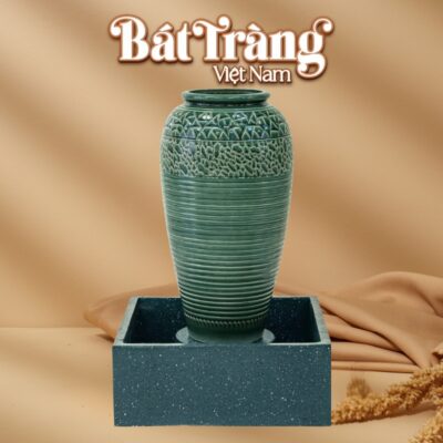Chum nước men xanh ngọc lục bảo khắc vân kẻ đá xanh viền tròn BT-LN07