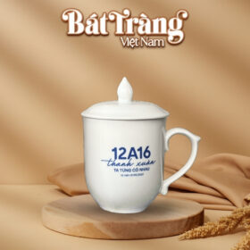 Cốc sứ gốm sứ Bát Tràng in logo có nắp màu trắng 400ml BT-QT52