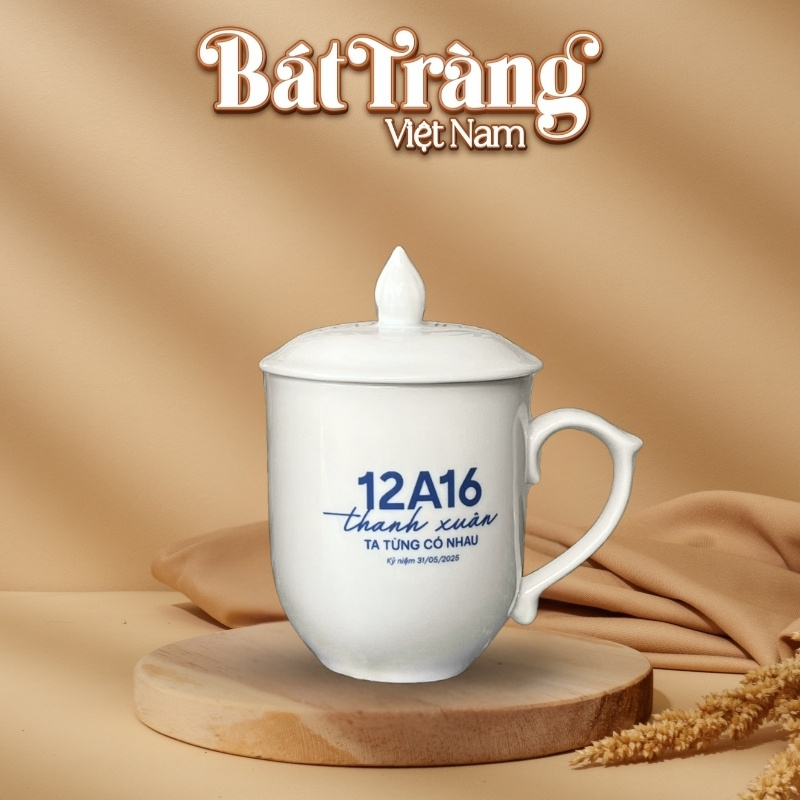 Cốc sứ gốm sứ Bát Tràng in logo có nắp màu trắng 400ml BT-QT52