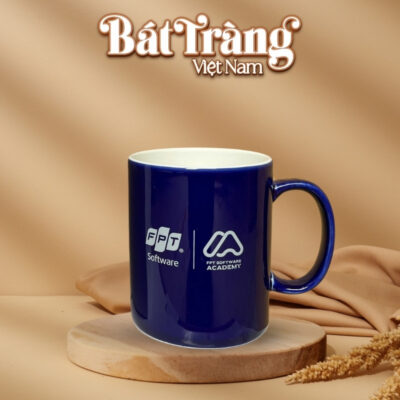 Cốc sứ gốm sứ Bát Tràng in logo dáng trụ màu xanh dương 350ml BT-QT54