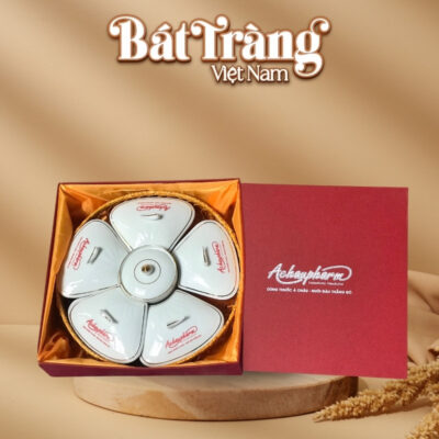 Khay mứt Bát Tràng Việt Nam in logo dáng hoa 5 cánh kẻ chỉ vàng BT-QT64