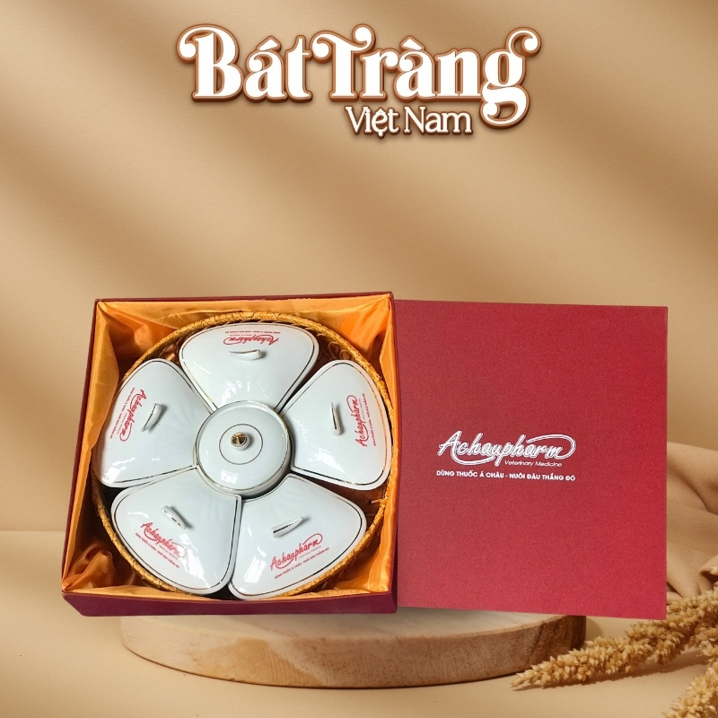 Khay mứt Bát Tràng Việt Nam in logo dáng hoa 5 cánh kẻ chỉ vàng BT-QT64