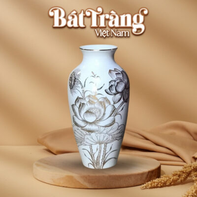 Lọ hoa gốm sứ Bát Tràng in logo dáng cổ rụt họa tiết hoa sen BT-QT51