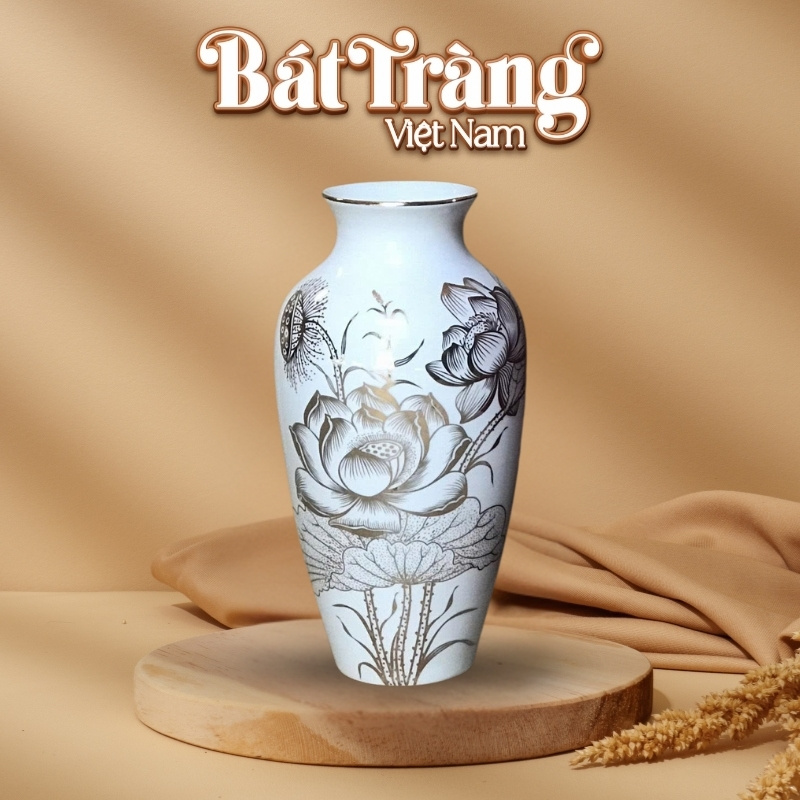 Lọ hoa gốm sứ Bát Tràng in logo dáng cổ rụt họa tiết hoa sen BT-QT51