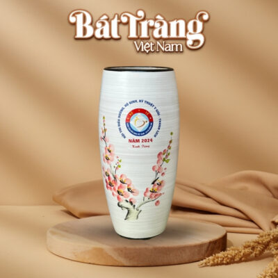 Lọ hoa men xước Bát Tràng in logo họa tiết hoa đào hồng BT-QT48