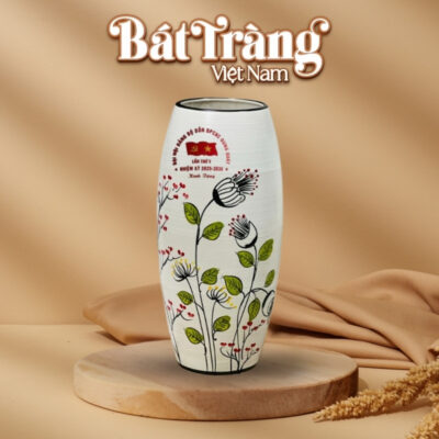 Lọ hoa men xước Bát Tràng in logo họa tiết hoa vẽ tay BT-QT44