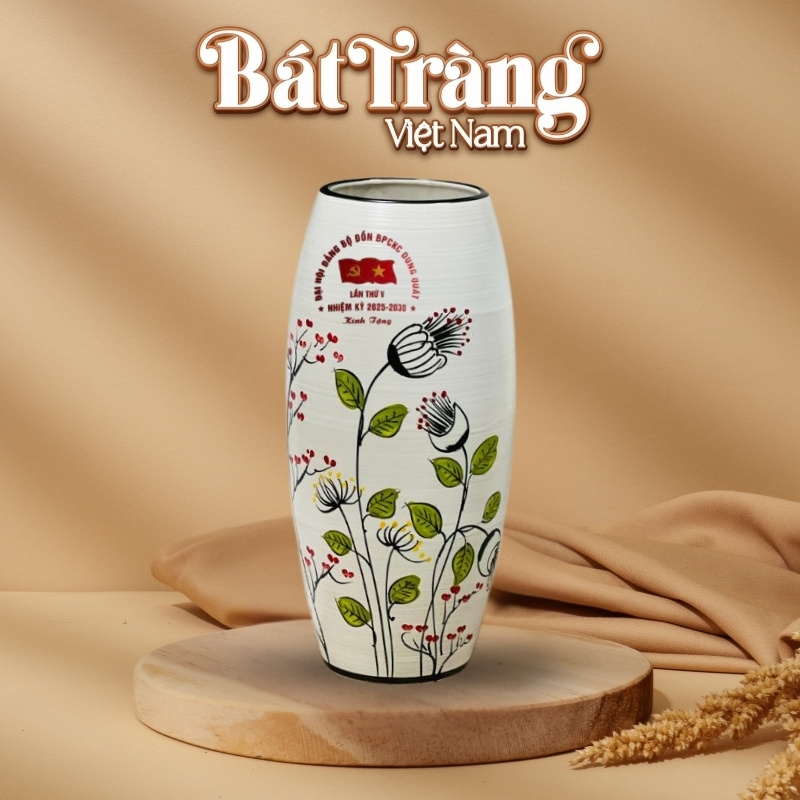 Lọ hoa men xước Bát Tràng in logo họa tiết hoa vẽ tay BT-QT44