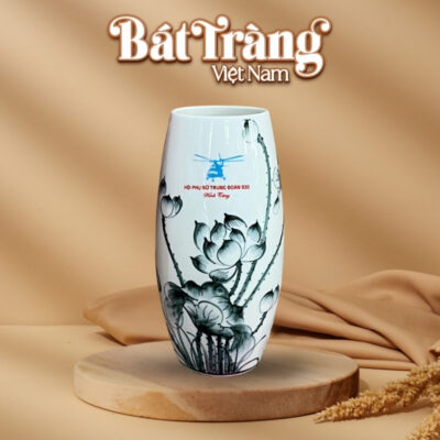 Lọ hoa sứ trắng Bát Tràng quà tặng in logo họa tiết hoa sen đen BT-QT47